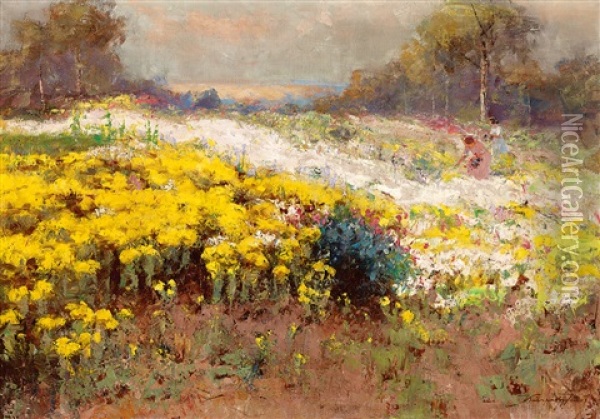 Girls On The Flowery Field Oil Painting - Jenoe Karpathy
