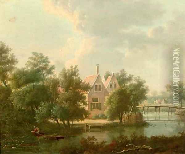 A wooded landscape with houses by a stream, a figure in a boat in the foreground Oil Painting - Anthonie Daniel Prudhomme