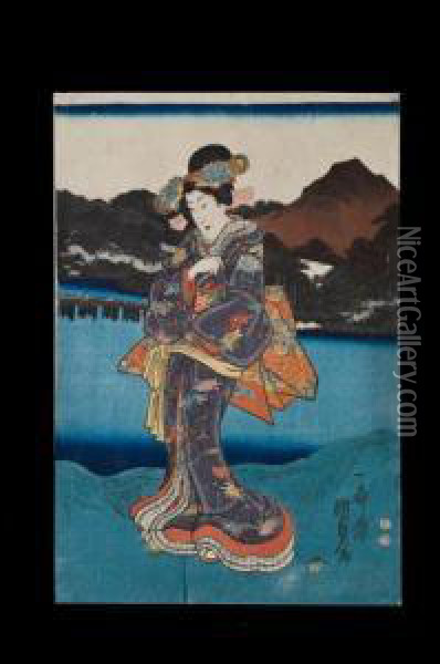 Eine Kurtisane Im Festgewand Am Ufer Oil Painting - Kunisada