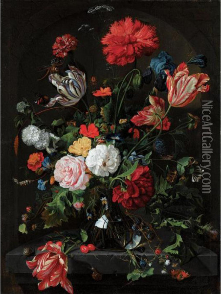 Still Life With Flowers In A 
Glass Vase On A Stone Ledge Before A Niche, With A Red Admiral, A 
Grasshopper, Other Insects And Snails Oil Painting - Jan Davidsz De Heem