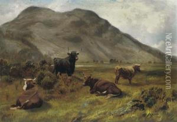 Cattle Grazing In A Highland Landscape Oil Painting - Robert Watson