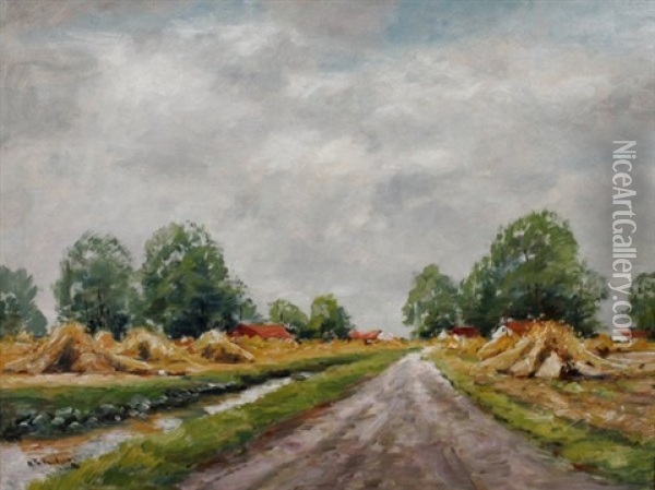 Landschaft Mit Getreidehocken Beiderseits Eines Weges, Im Hintergrund Ein Dorf Oil Painting - Richard Falkenberg