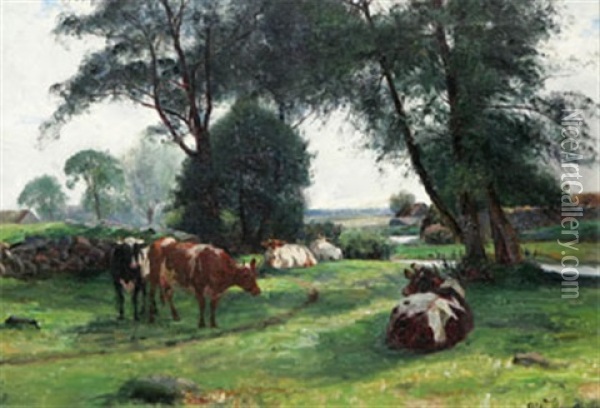 Betande Kor Oil Painting - Olof Krumlinde