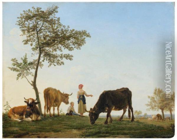 Couple De Vachers Et Troupeau Oil Painting - Jean Baptiste Berre
