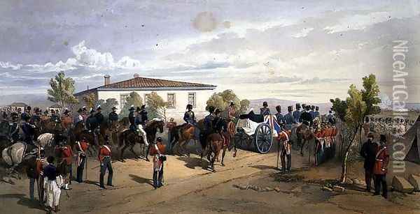 Funeral Cortege of Lord Raglan Leaving Head Quarters, plate from The Seat of War in the East, pub. by Paul and Dominic Colnaghi and Co., 1856 Oil Painting - William Simpson