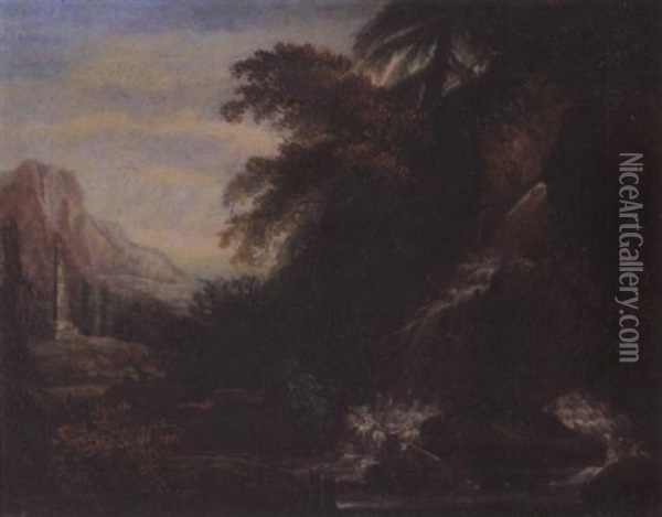 Landschaft Mit Reisendem Bach Und Saule Mit Ehrendenkmal Oil Painting - Jacob Philipp Hackert