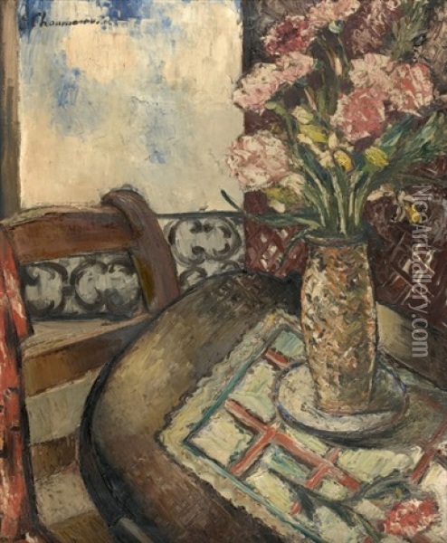 Bouquet De Fleurs Sur Une Table Oil Painting - Sava Choumanovitch