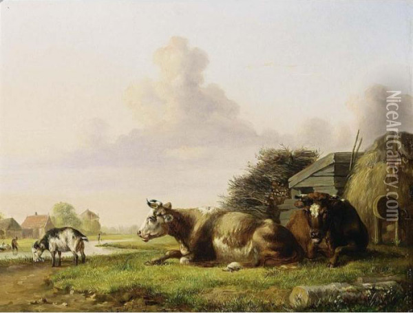 Cows In A Meadow Oil Painting - Johannes-Hubertus-Leonardus de Haas