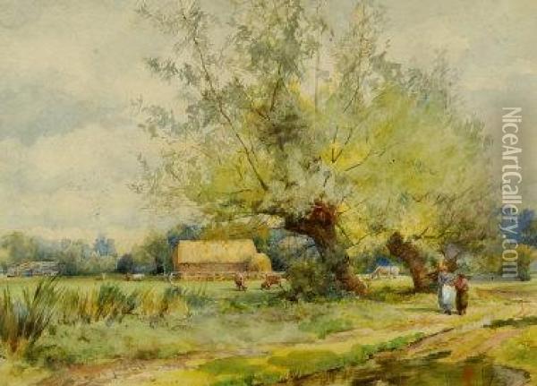 A Landscape With Cattle, Corn Stooks And Figures, Watercolour, Signed, 22 X 30 Cm See Illustration Oil Painting - Thomas Hodgson Liddell