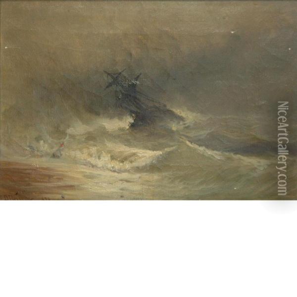 Ship In Stormy Waters Oil Painting - Franklin Briscoe