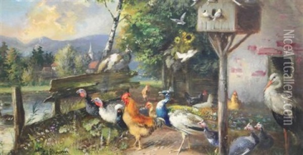 Chickens And Wildfowl Beside A River Oil Painting - Julius Scheuerer
