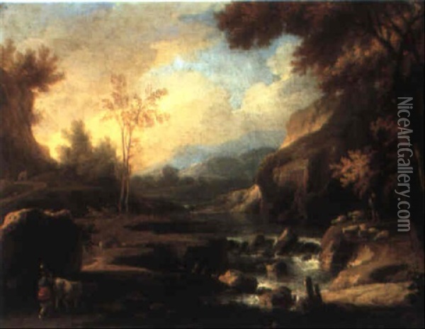 River Landscape With Herders And Their Flocks Oil Painting - Marco Ricci