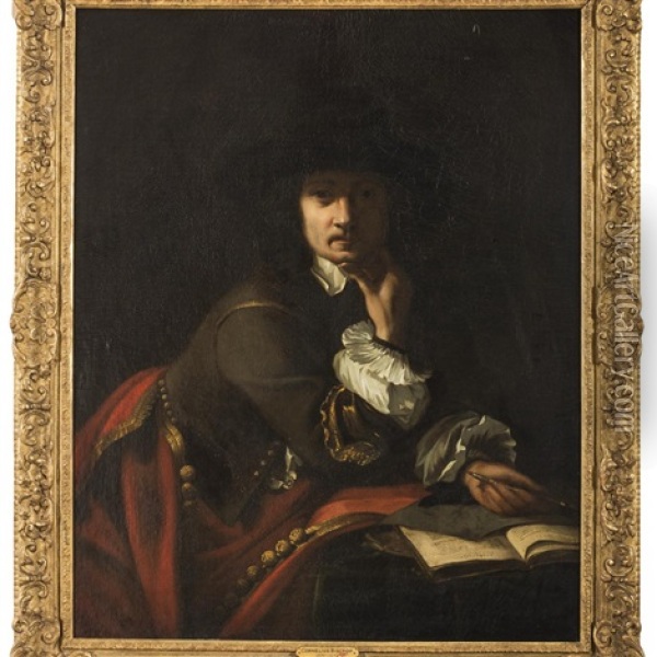 Portrait Of An Artist, Seated Holding A Brush With Drawing And Book Oil Painting - Cornelis Bisschop