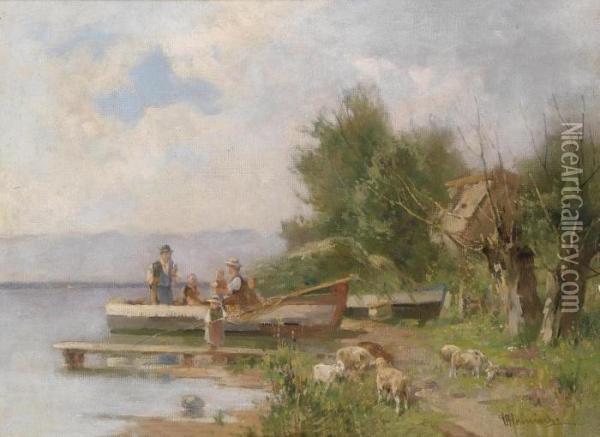 Fischerfamilie Am Seeufer Oil Painting - Karl Adam Heinisch