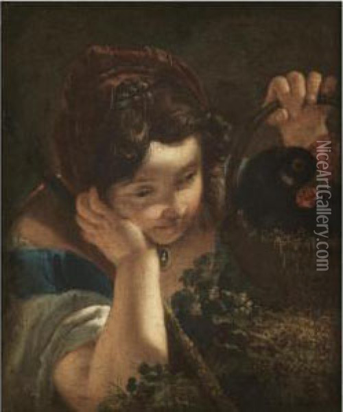 A Young Girl Holding A Cockerel In A Basket Oil Painting - Francesco Fontebasso