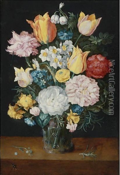 Still Life Of Tulips, Roses, Narcissus, Forget-Me-Nots, A Carnation And Other Flowers In A Glass Vase Oil Painting - Jan The Elder Brueghel