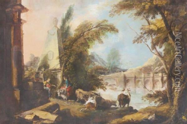 Paysage Pastoral Avec Un Obelisque Oil Painting - Jacques de Lajoue