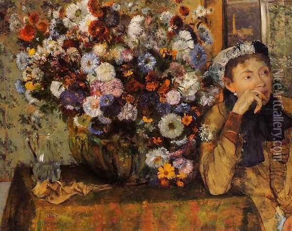 A Woman Seated beside a Vase of Flowers Oil Painting - Edgar Degas