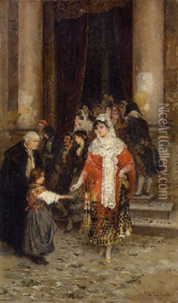 Das Almosen - Spanische Damen Und Herren Beim Verlassen Der Kirche Oil Painting - Gabriel Puig Roda