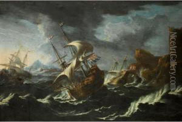 A Stormy Seascape With Shipping Off A Rocky Coast Oil Painting - Matthieu Van Plattenberg