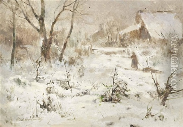 Winterlandschaft Mit Gehoft Oil Painting - Anders Andersen-Lundby
