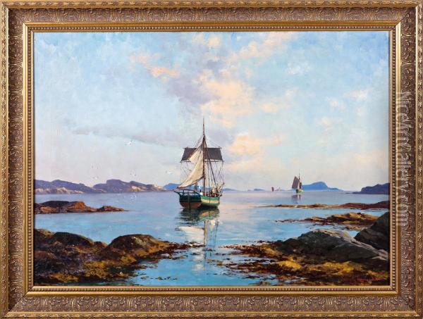 Ship At Harbour Near The Open Sea Oil Painting - Lars Laurits Larsen Haaland