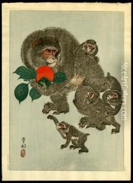 Monkeys And Persimmon Oil Painting - Ohara Koson
