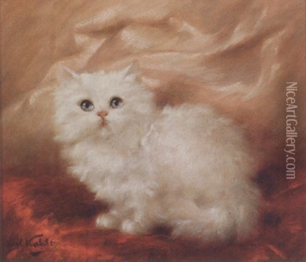 White Angora Kitten On A Pillow Oil Painting - Carl Kahler