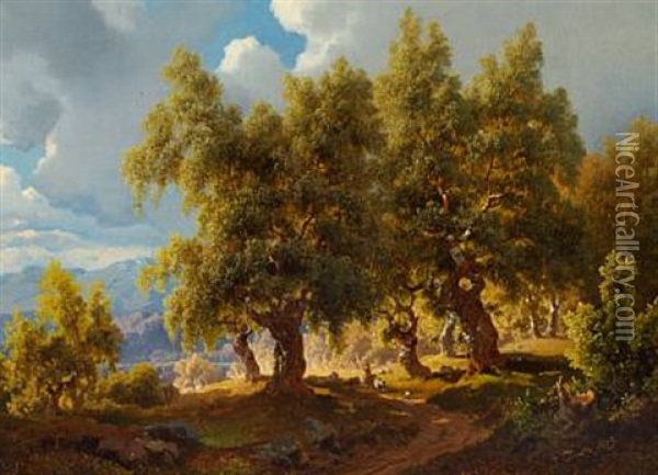 Norwegian Summer Landscape With A Shepherd Walking Under The Shade Of The Trees Oil Painting - Joachim Frich