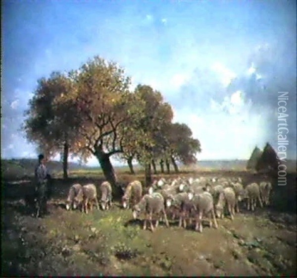 Les Moutons Pres Des Pommiers Oil Painting - Felix Saturnin Brissot de Warville