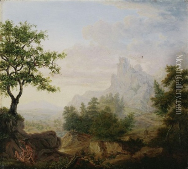 Weite Gebirgige Landschaft Mit Kain Und Abel Oil Painting - Carl Gottlieb Peschel