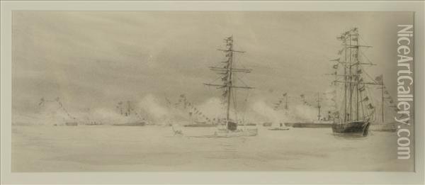 Spithead Review Monochrome Oil Painting - William Lionel Wyllie
