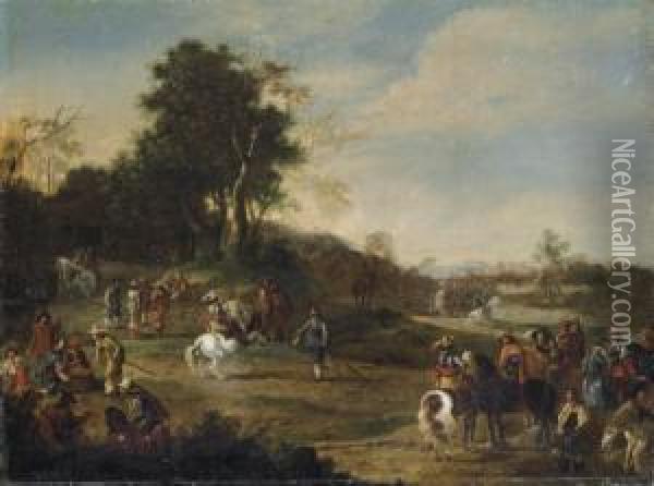 Cavalrymen In A Landscape Oil Painting - Lambert de Hondt