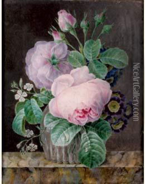 Bouquet De Roses Et De Primeveres Dans Un Vase Sur Un Entablement Oil Painting - Rosine Ant. Bessin Delaporte