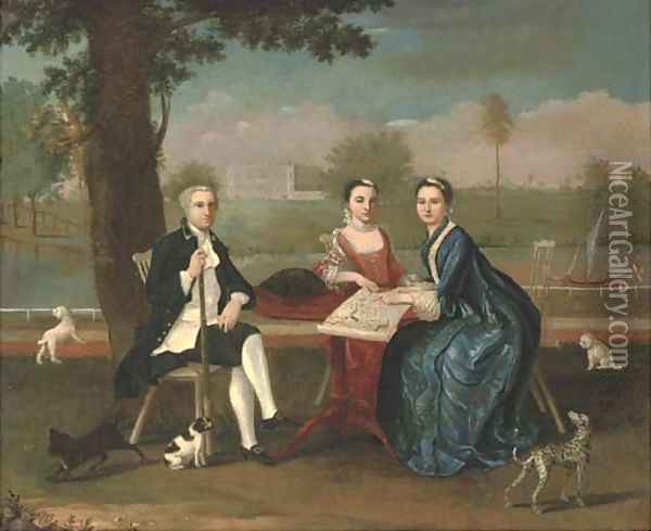 Group portrait of a naval officer and two ladies Oil Painting - Arthur Devis