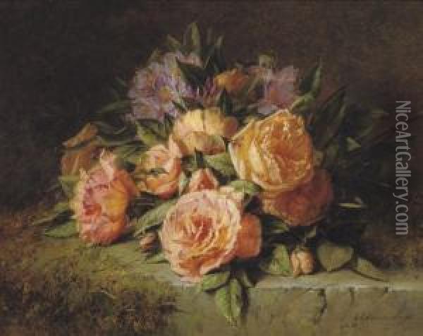 Pink Roses And Rhododendrons On A Marble Ledge Oil Painting - Adriana-Johanna Haanen