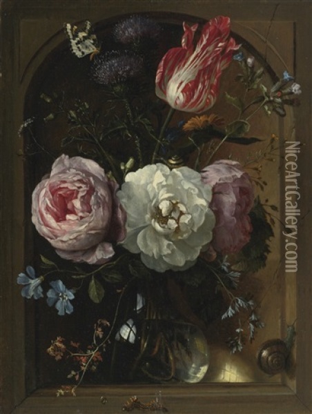 A Glass Vase Of Flowers Including Roses, A Tulip, And Thistles With Snails, A Butterfly, And A Caterpillar Oil Painting - Jan Davidsz De Heem