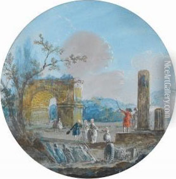 Elegant Figures Inspecting Ruins Oil Painting - Louis-Gabriel Moreau the Elder