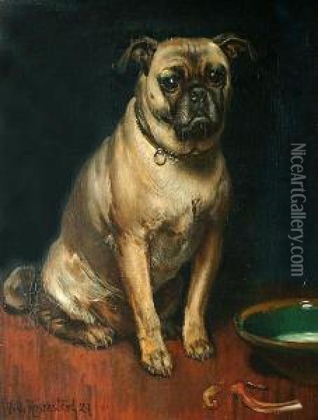 A Pug. Oil Painting - Vilhelm J. Rosenstand
