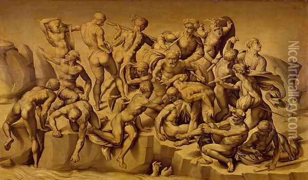 The Battle of Cascina, or The Bathers, after Michelangelo 1475-1564, 1542 Oil Painting - Aristotile da Sangallo