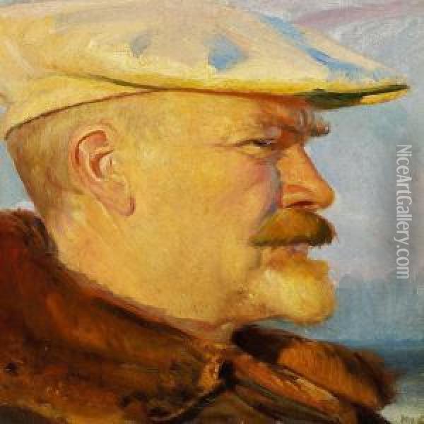 Selvportraet I Aftensol Med Hvid Malerkasket Oil Painting - Michael Ancher