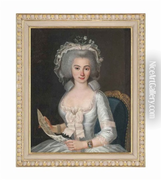 Portrait Of A Lady, Half-length, Seated In A White Dress With A Ribbon, Holding A Musical Score Oil Painting - Michel Pierre Descours