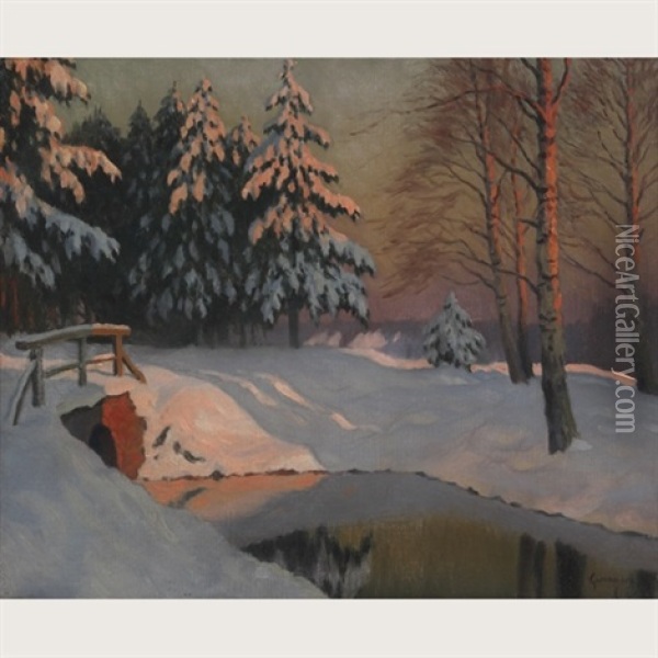 Winter Stream, Sunset Oil Painting - Mikhail Markianovich Germanshev