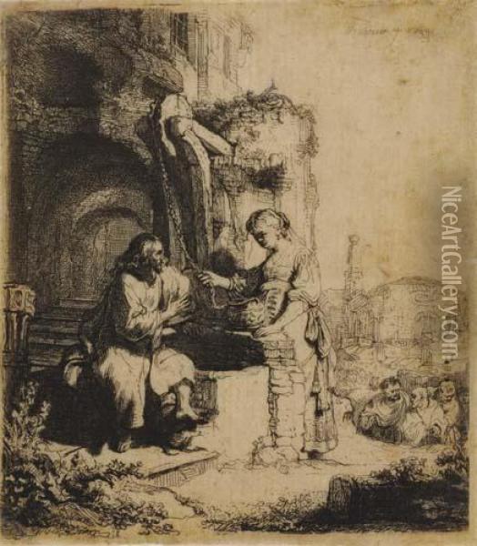 Christ And The Woman Of Samaria Among Ruins. Oil Painting - Rembrandt Van Rijn