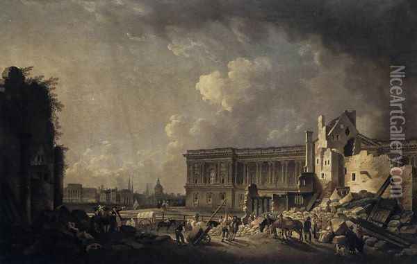 Clearing the Area in front of the Louvre Colonnade (2) c. 1760 Oil Painting - Pierre-Antoine de Machy