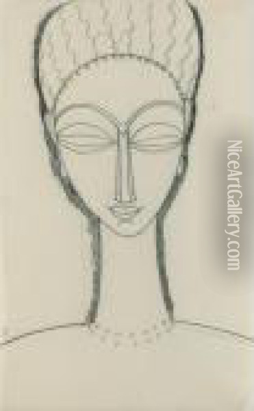 Tete De Face Avec Double Collier Et Boucles D'oreilles Oil Painting - Amedeo Modigliani