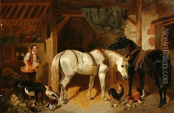 A Stable Interior With Horses, Chickens And A Goat Oil Painting - John Frederick Herring Snr