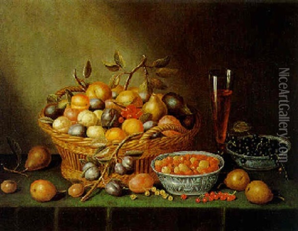 Stilleben Von Fruchten, Beeren Und Weinflote Oil Painting - Jacob van Hulsdonck