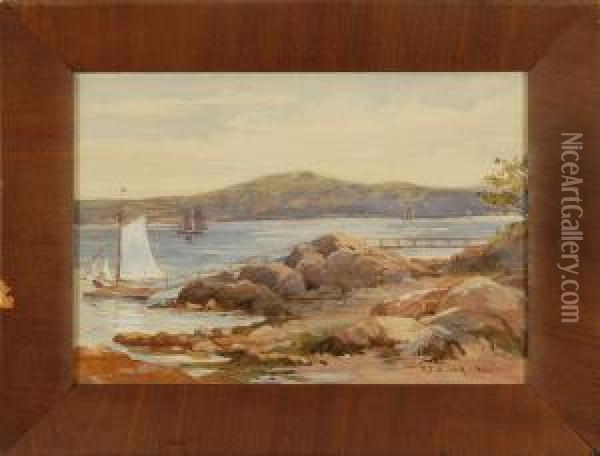 Rocky Shore Scene With Boats And Distant Mountains Oil Painting - Robert Ford Gagen