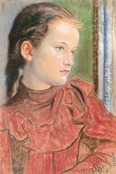 Portrait of a Girl in a Red Dress Oil Painting - Stanislaw Wyspianski